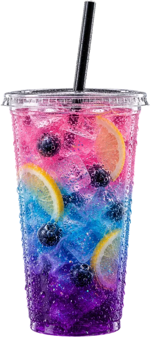 Delulu Girl Juice, a layered purple, blue and pink spritzer